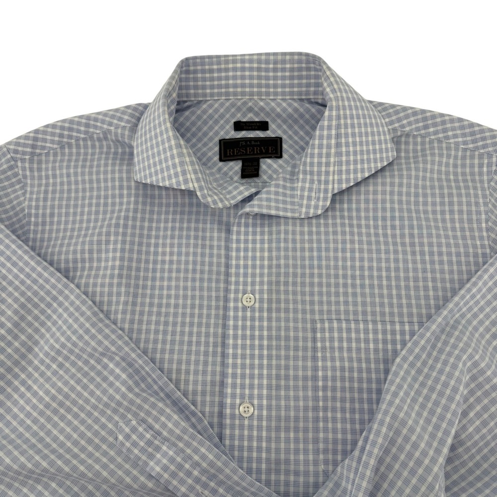 JO S A Bank RESERVE Mens Dress Shirt 16 1/2 32 Slim Fit‎ No Wrinkles Blue Check